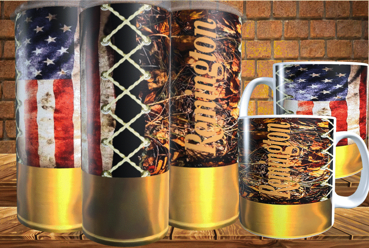 Remington Camo And Flag Shot Gun Shell Tumbler Mug Plus Mockup